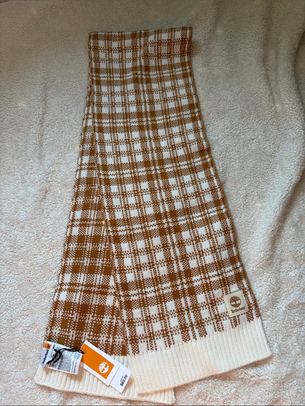 Timberland Cream & Brown Plaid Knit Scarf - Brand Logo Accent